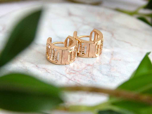 petite boucles d'oreilles huggies dorée posées sur un plateau de marbre avec une décoration de plantes vertes