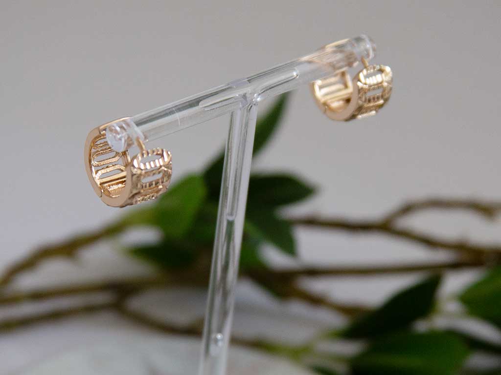 petite boucles d'oreilles huggies dorée posées sur un présentoir avec une décoration de plantes vertes