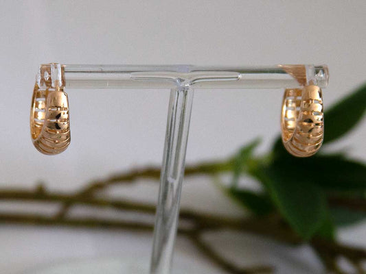 Petites boucles d'oreilles dorées sur un présentoir avec des feuilles vertes en arrière plan