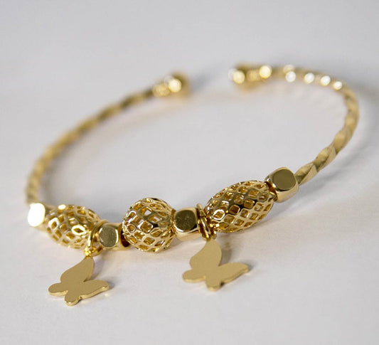 Bracelet en acier inoxydable, doré, avec deux papillons pendants