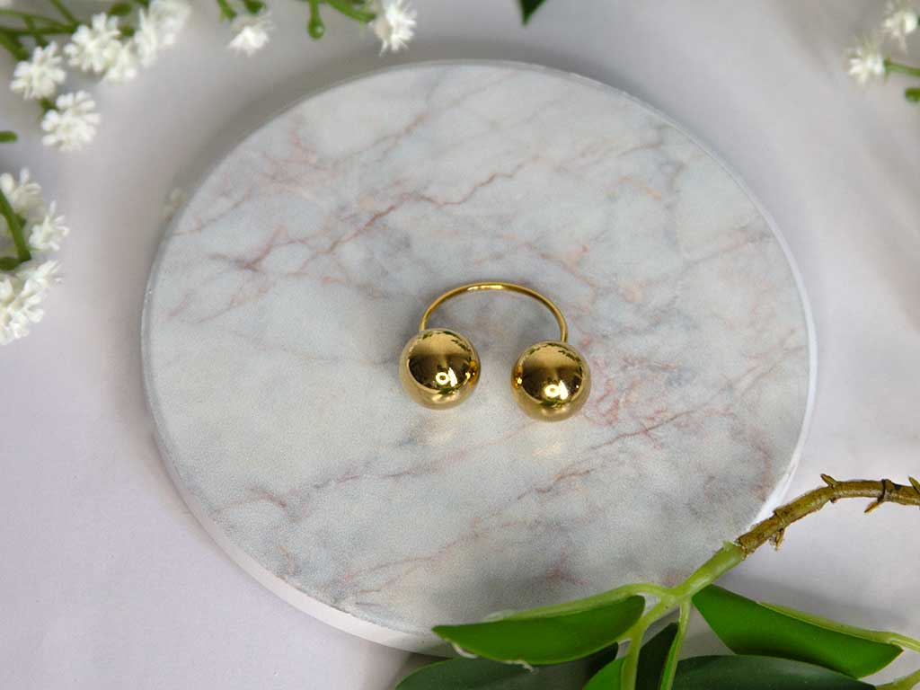 Bague Bubble dorée ouverte avec double boule en acier inoxydable, design minimaliste – Lidiar Collection